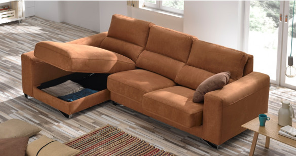 NERUAL  Canap Tissu ou Cuir Assises et dossiers coulissants + Mridienne Coffre