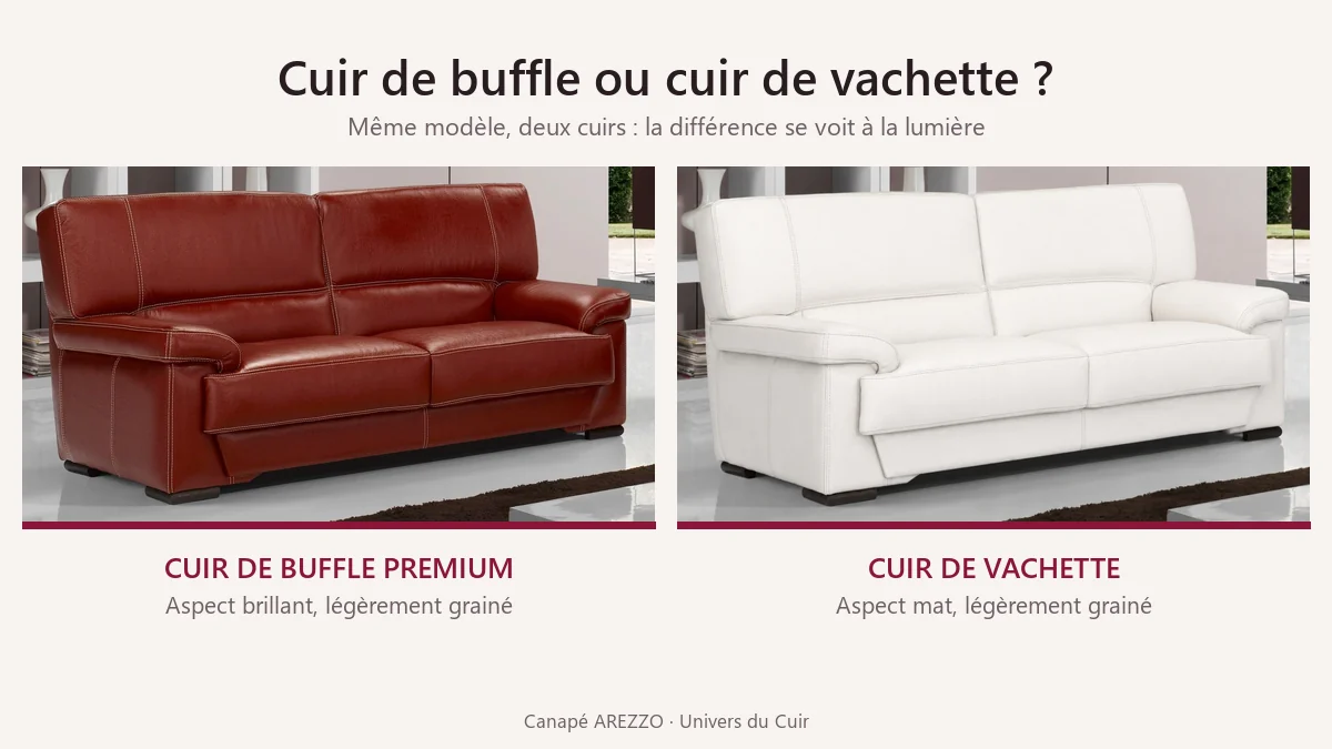 Comparaison entre un canapé en cuir de buffle brillant et un canapé en cuir de vachette mat