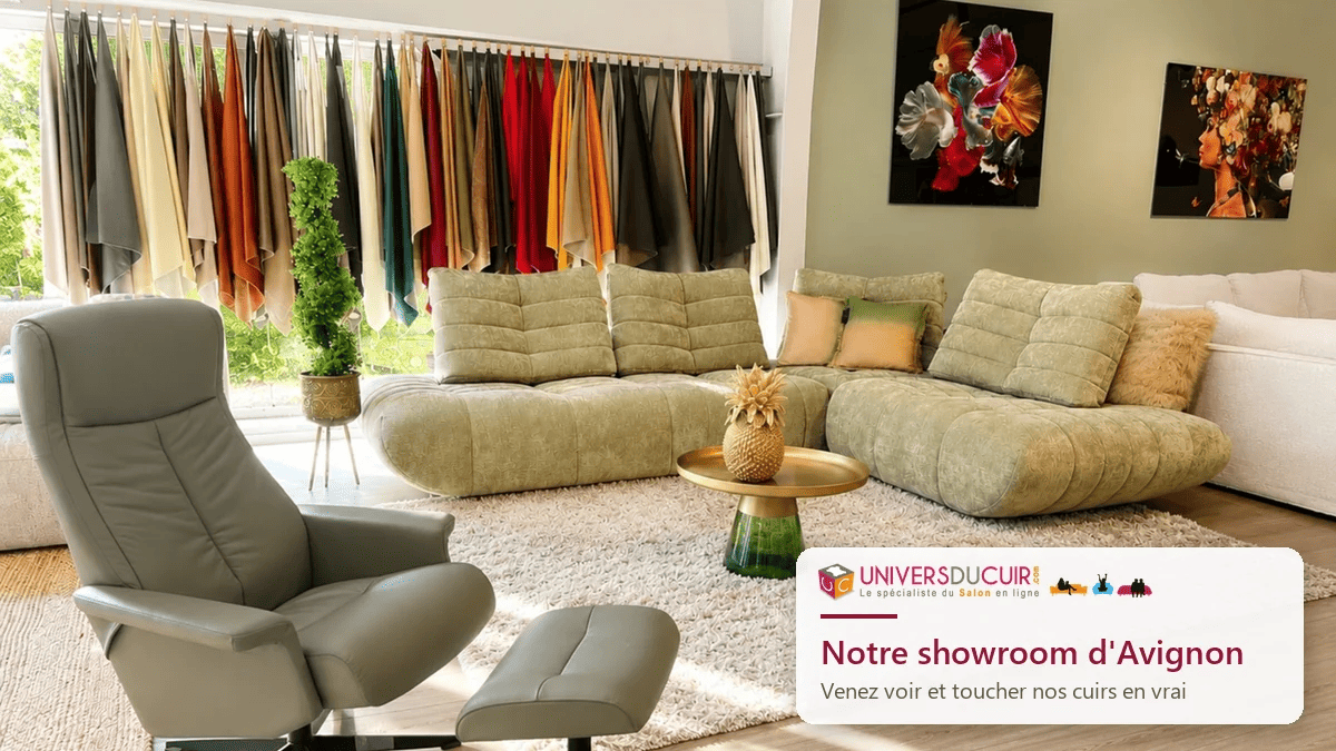Showroom Univers du Cuir à Avignon avec les nuanciers de cuir buffle et vachette
